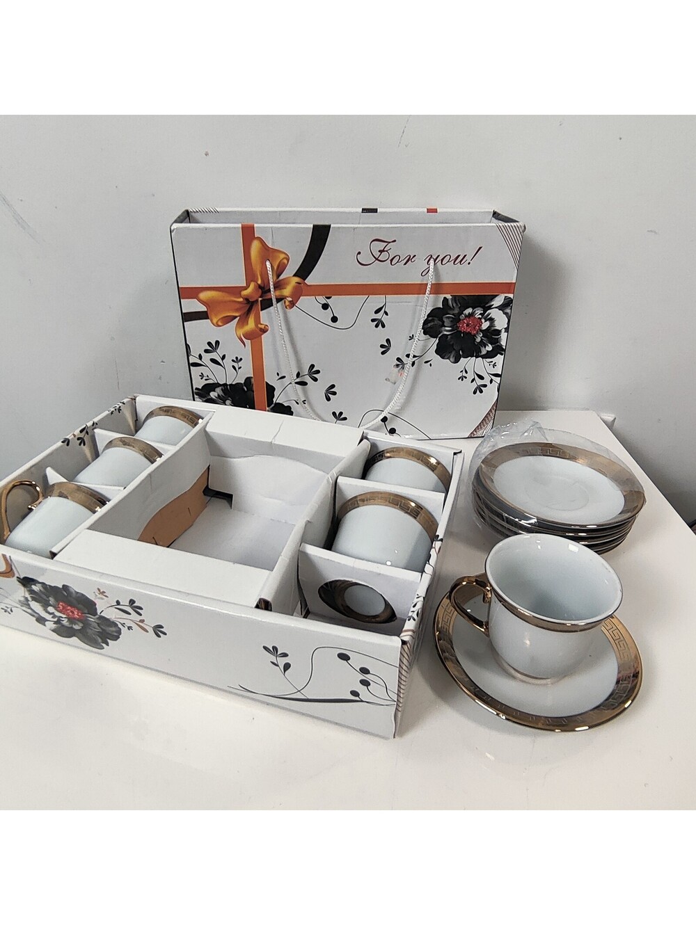Key Gold Trim White Porcelain Espresso Demitasse Cup & Saucer Set of 6 in Box